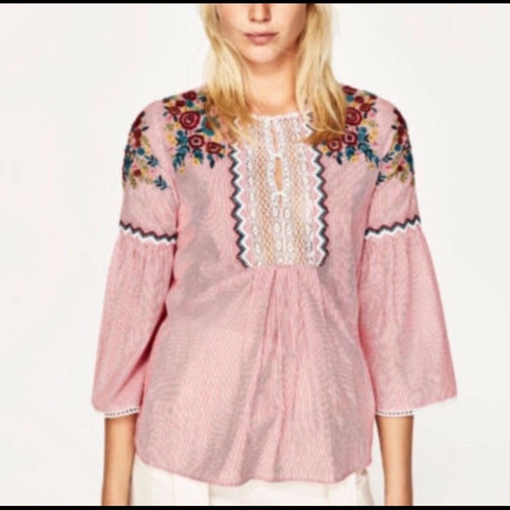 ZARA Basic Striped Embroidered Bell Sleeve Blouse